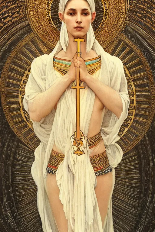 Image similar to a full body portrait of a beautiful ethereal delicate egyptian mage queen meditative sacral pose catholic stages of the cross, intricate, elegant, highly detailed, digital painting, artstation, concept art, smooth, sharp focus, illustration, art by krenz cushart and artem demura and alphonse mucha