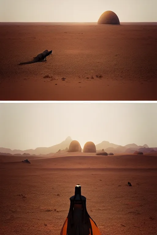 Prompt: 🐼 as 🐋 as 🤖 as 👽 as 🐳, desert photography, by makoto shinkai, by greg rutkowski and edgar maxence