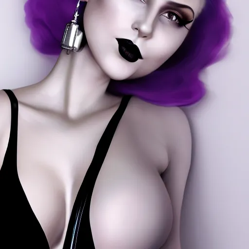 Prompt: portrait of a curvy feminine hot pale goth woman with elaborate, elegant, sophisticated, tight silver nylon, latex and silk dress, black lipstick, silver necklace, and purple makeup, cgsociety, realistic, highly detailed, attractive, 16k, smooth, sharp focus, trending on ArtStation, hyperdetailed, volumetric lighting