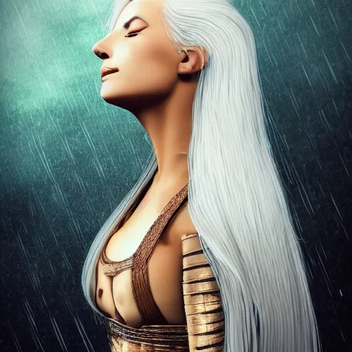 Prompt: a gorgeously defined woman with immensely glowing white hair and rose - designed medieval armor, meditating in tranquility as her hair flows, while the rain patters softly upon her armor!