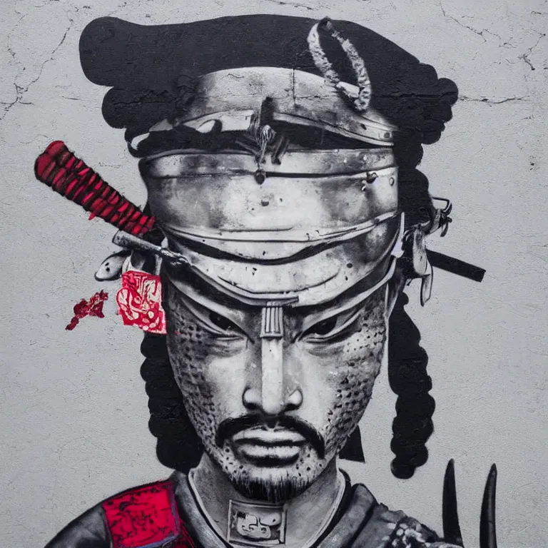 Image similar to Street-art portrait of samurai in style of Banksy, photograph, photorealism, detailed, award wining, 4k