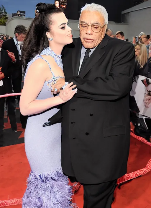 Image similar to james earl jones and katie perry wrestling angrily on the red carpet, fashion poser, bored teen