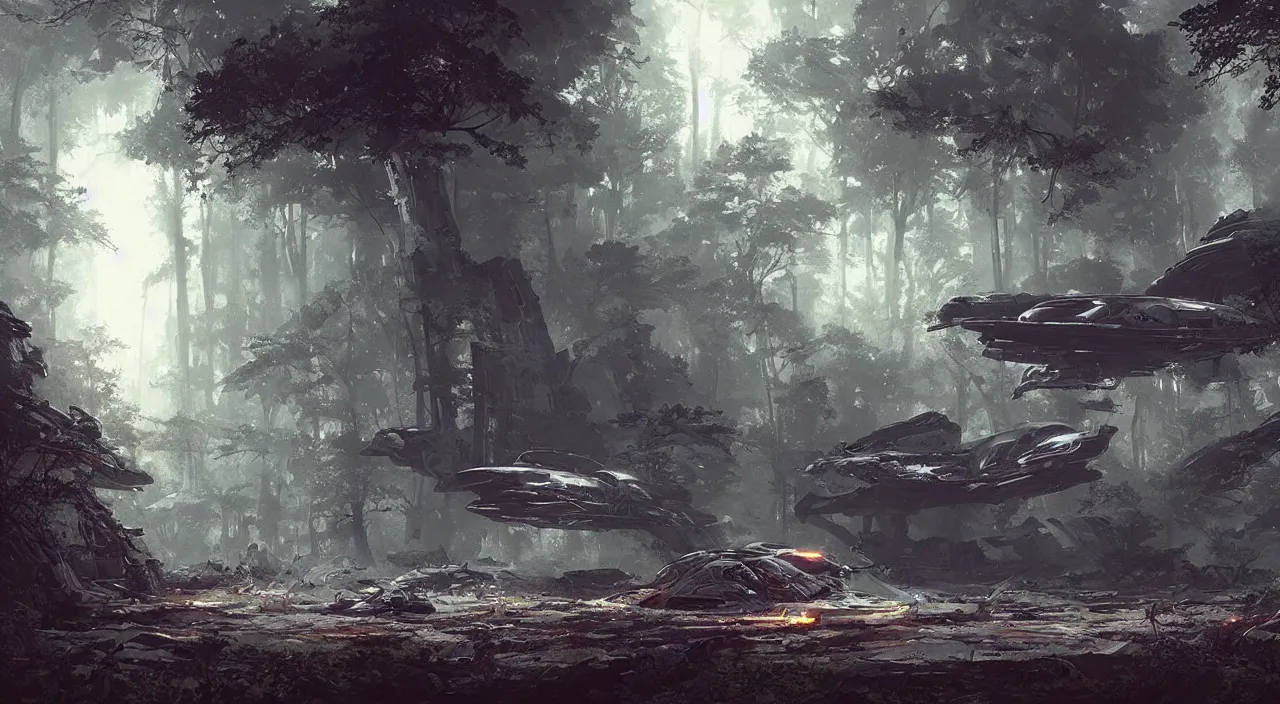 Image similar to a giant spaceship wrecked and lost in the forest, detailed digital art by greg rutkowski.