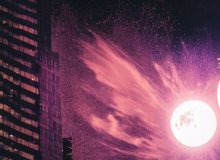 Image similar to film still of the moon shattering into pieces exploding moon over time square in the new disaster, 8 k, night time