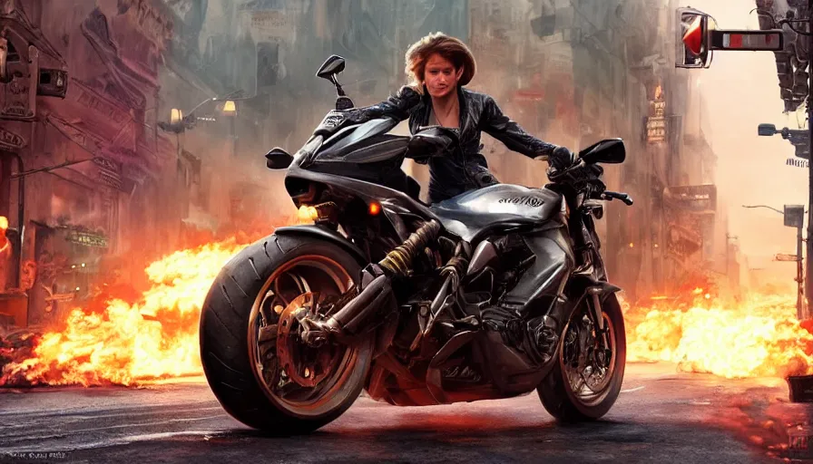 Prompt: a highly detailed epic cinematic concept art CG render digital painting artwork: powerful motorcycle design in the streets of fire movie 8k