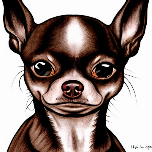Image similar to a dark brown chihuahua facing the camera, hyper detailed, in the style of junji ito