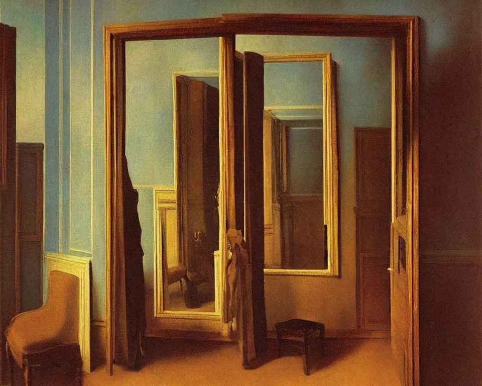 Prompt: achingly beautiful painting of a sophisticated, well - decorated closet by rene magritte, monet, and turner.