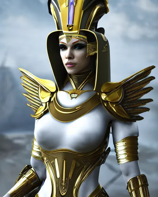 Prompt: attractive ai egyptian queen wearing white dove wings, warframe armor, regal, attractive, ornate, sultry, sexy, steamy, elize theron, pretty face, green eyes, scifi platform, 4 k, ultra realistic, epic lighting, illuminated, cinematic, black gold, art by akihito tsukushi, voidstar