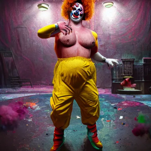 Image similar to full body pose, hyperrealistic mixed media painting of a seductive clown, dim volumetric lighting, 8 k, octane beautifully detailed render, extremely hyper detailed, intricate, epic composition, cinematic lighting, masterpiece, trending on artstation, very very detailed, masterpiece, stunning, hdr, smooth, sharp focus, high resolution, award, winning photo, dslr, 5 0 mm