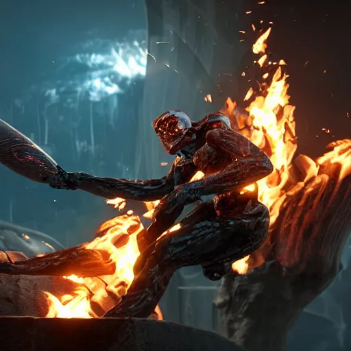 Prompt: prometheus midair with the stolen fire in one hand the other hand streched to prevent a collission. concept art octane render hyperrealistic unreal engine