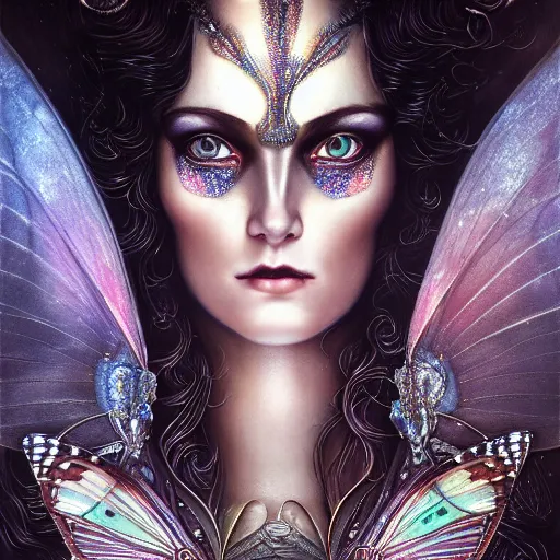 Prompt: beautiful closeup portrait of an art deco faerie queen, glowing eyes. reflective detailed textures, moth wings, highly detailed dark fantasy science fiction painting by tom bagshaw and michael whelan and diego rivera and annie swynnerton and jean delville, elaborate geometric ornament, ancient runes, silver and cool colors. artstation