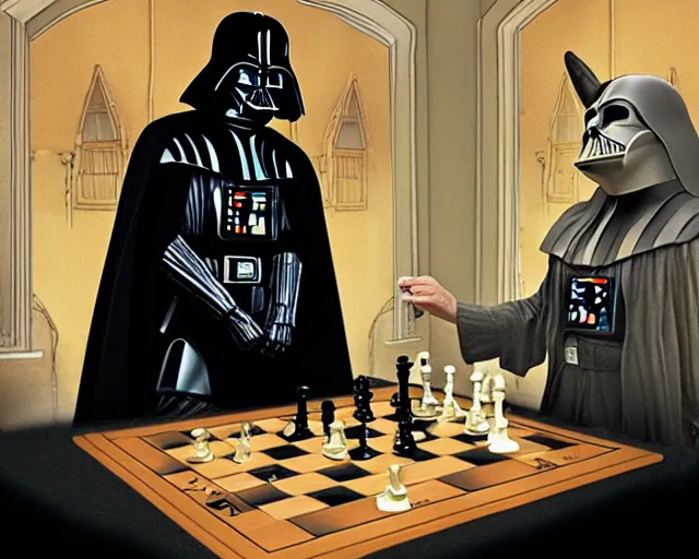 Prompt: darth vader playing chess with a witch lord voldemort