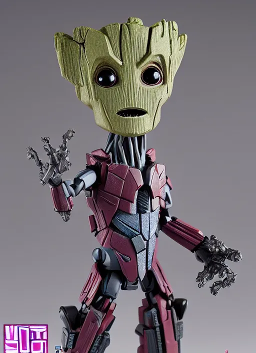 Image similar to transformers decepticon baby groot action figure from transformers : kingdom, pvc figurine, symmetrical details, gunpla, android, robot, by hasbro, takaratomy, tfwiki. net photography, product photography, official media