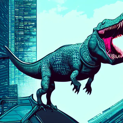 Prompt: detailed intricate colour illustration of a businessman riding a dinosaur, cyberpunk, sci-fi, concept art