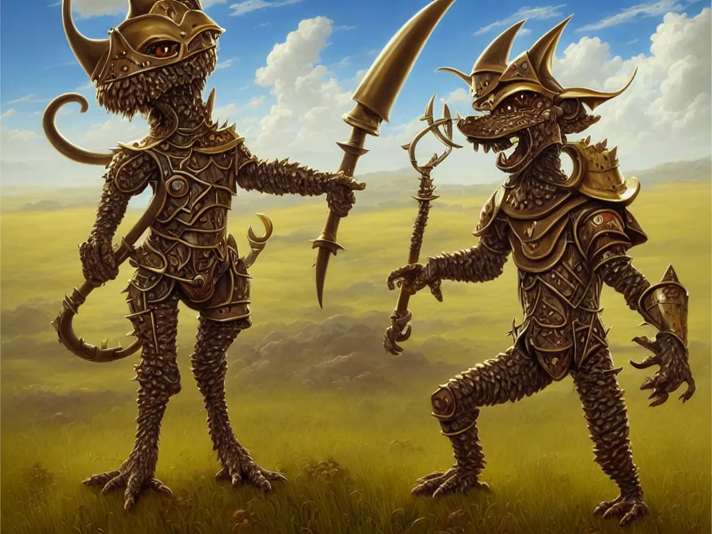 Prompt: full body painting of an anthropomorphic kobold paladin, alone in a field, wearing full metal plate mail, by peter mohrbacher, by michael cheval, by boris vallejo, highly detailed, 8 k