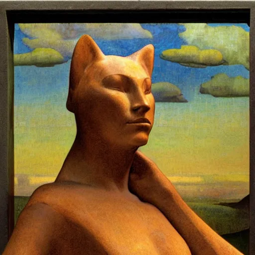 Image similar to polychrome cat sculpture from a lost civilization, by annie swynnerton and diego rivera and nicholas roerich and jean delville and charlie bowater, symbolist, dramatic lighting, god rays, art brut, rich colors, smooth sharp focus, extremely detailed, adolf wolfli and ( donato giancola and bilibin )