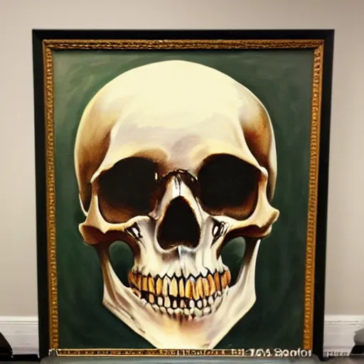 Prompt: human skeleton painting a painting of a skull