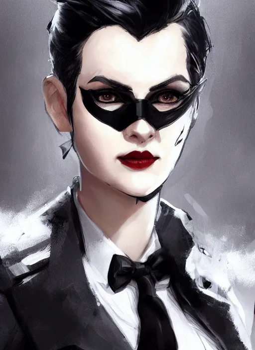 Image similar to a highly detailed illustration of beautiful short black messy haired woman wearing black eyepatch on one eye and noir style suit and tie, dramatic smiling pose, intricate, elegant, highly detailed, centered, digital painting, artstation, concept art, smooth, sharp focus, league of legends concept art, WLOP