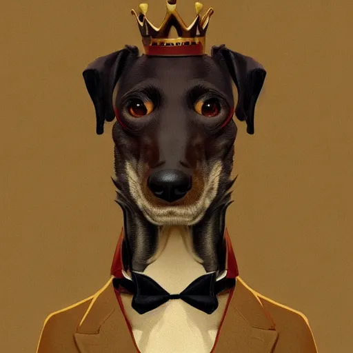 Prompt: ripped physique crown collar leash Man portrait Sherlock Patrick Bateman snout Detective Anthropomorphic furry fuzzy fashion vogue Dachsund man wearing a Dachsund costume wearing an Executive costume gerald brom bastien grivet greg rutkowski norman rockwell portrait face head snout ears eyes illustration tombow