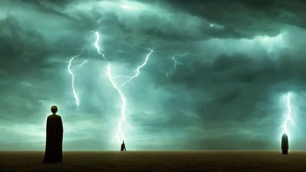 Image similar to lightning in a bottle, film still from the movie directed by denis villeneuve and david cronenberg with art direction by salvador dali and zdzisław beksinski, wide lens