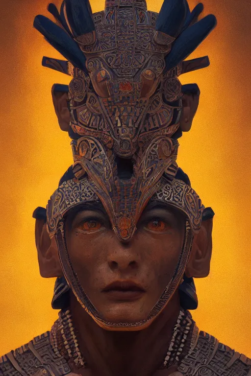 Prompt: aztec god, close - up portrait, powerfull, intricate, elegant, volumetric lighting, scenery, digital painting, highly detailed, artstation, sharp focus, illustration, concept art, ruan jia, steve mccurry