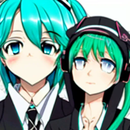 Image similar to hatsune miku and a businessman share domino's pizza