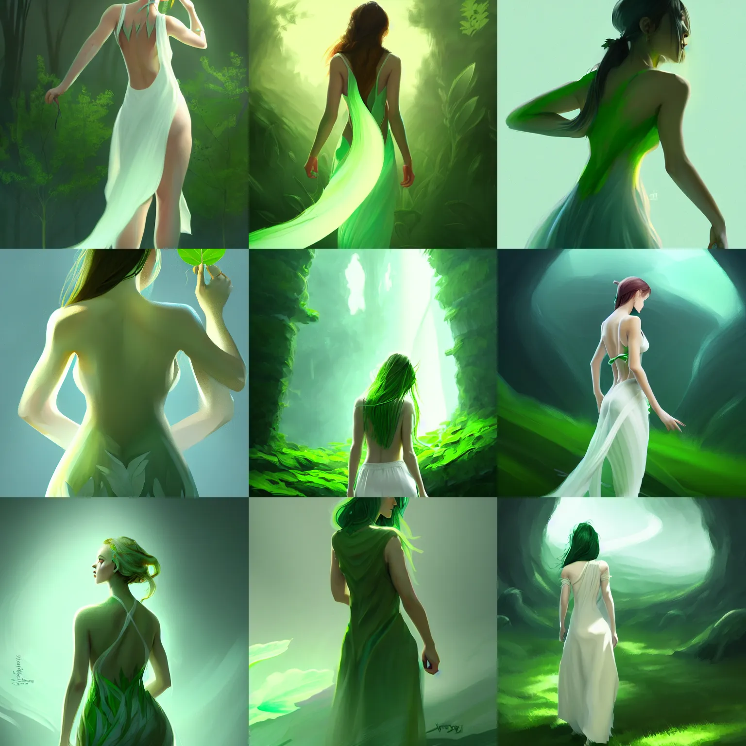 Prompt: a girl with green leaves sprouting from her back. concept art by muggur, flowing white dress, smooth, sharp focus, artstation contest winner, fantasy, 2 d game, tarot card