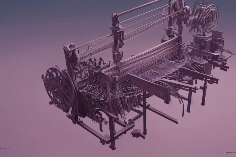 Image similar to a large loom machine that weaves threds that turn into the clouds in a calm purple sky, aesthetic, intricate, elegant, 8K, concept art, highly detailed, hyper-realistic, polished, artstation, unreal engine