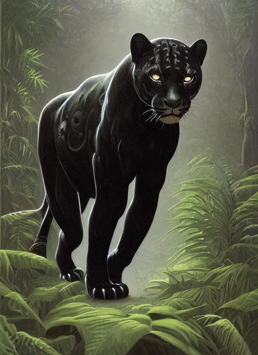 Image similar to a beautiful black jaguar walking in the jungle at night, art by christophe vacher