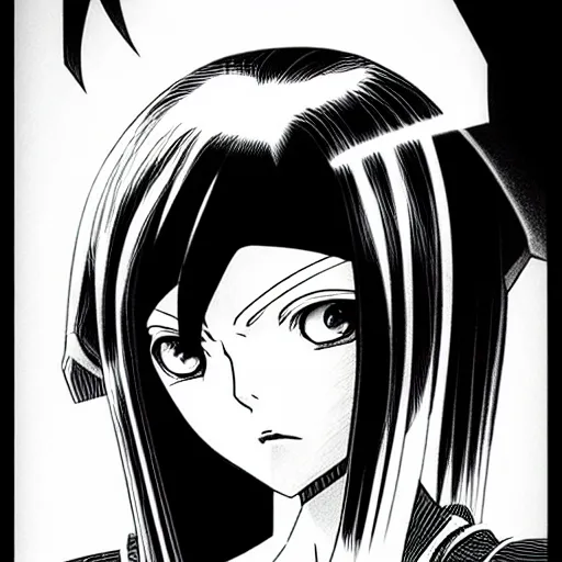 Image similar to alita by yukito kishiro. medium shot. black and white manga. pencil drawing. high detailed face