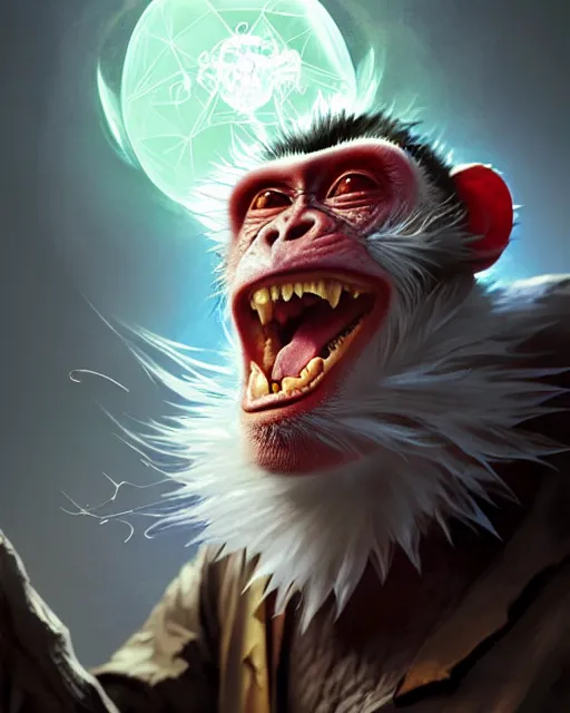 Image similar to Monkey Mad Scientist, laughing, D&D, artstation, fantasy, magic the gathering artwork, cinematic lighting, centered, symmetrical, highly detailed, digital painting, , concept art, smooth, sharp focus, illustration, volumetric lighting, epic Composition, 8k, art by Akihiko Yoshida and Greg Rutkowski and Craig Mullins, oil painting, cgsociety