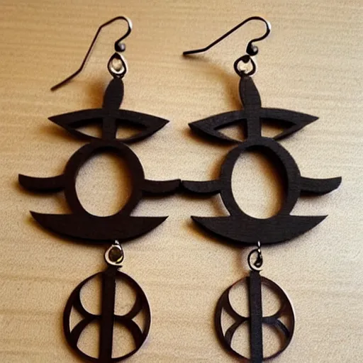 Image similar to 2 d wood lasercut earrings, mystical symbols, 8 k, hd, trending on artstation, trending on deviantart, trending on etsy, epic digital art