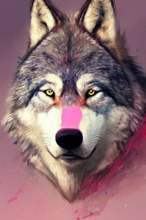 Image similar to painted portrait of realistic wolf wearing pink shirt, mature, handsome, blue eyes, intricate, digital painting, artstation, concept art, smooth, sharp focus, illustration, art by gaston bussiere and greg rutkowski