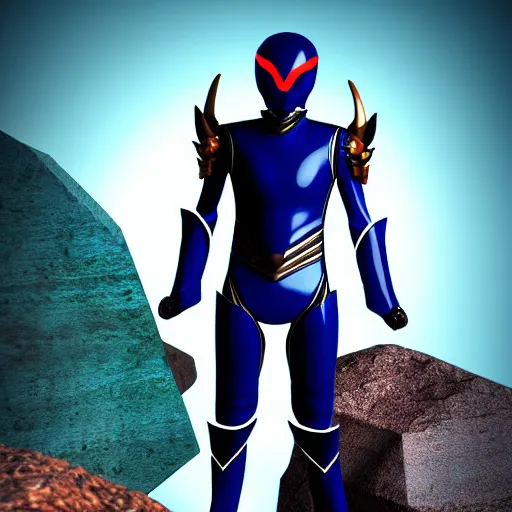 Prompt: High Fantasy Kamen Rider standing in a rock quarry, single character full body, 4k, glowing eyes, daytime, rubber suit, dark blue armor, segmented armor, centered