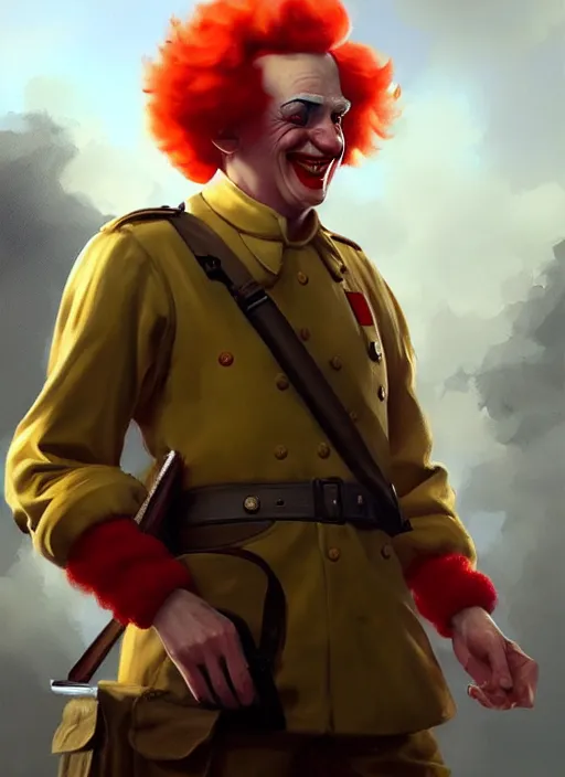 Image similar to ronald mcdonald during world war 2, rpg dnd oil _ painting _ unreal _ 5 _ daz. _ rpg _ portrait _ extremely _ detailed _ artgerm _ greg _ rutkowski _ greg