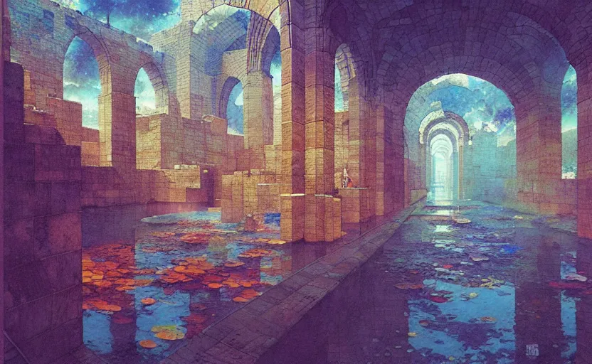 Image similar to tiled room squared waterway, aqueducts, fantasy. intricate, amazing composition, colorful watercolor, by ruan jia, by maxfield parrish, by marc simonetti, by hikari shimoda, by robert hubert, by zhang kechun, illustration, gloomy