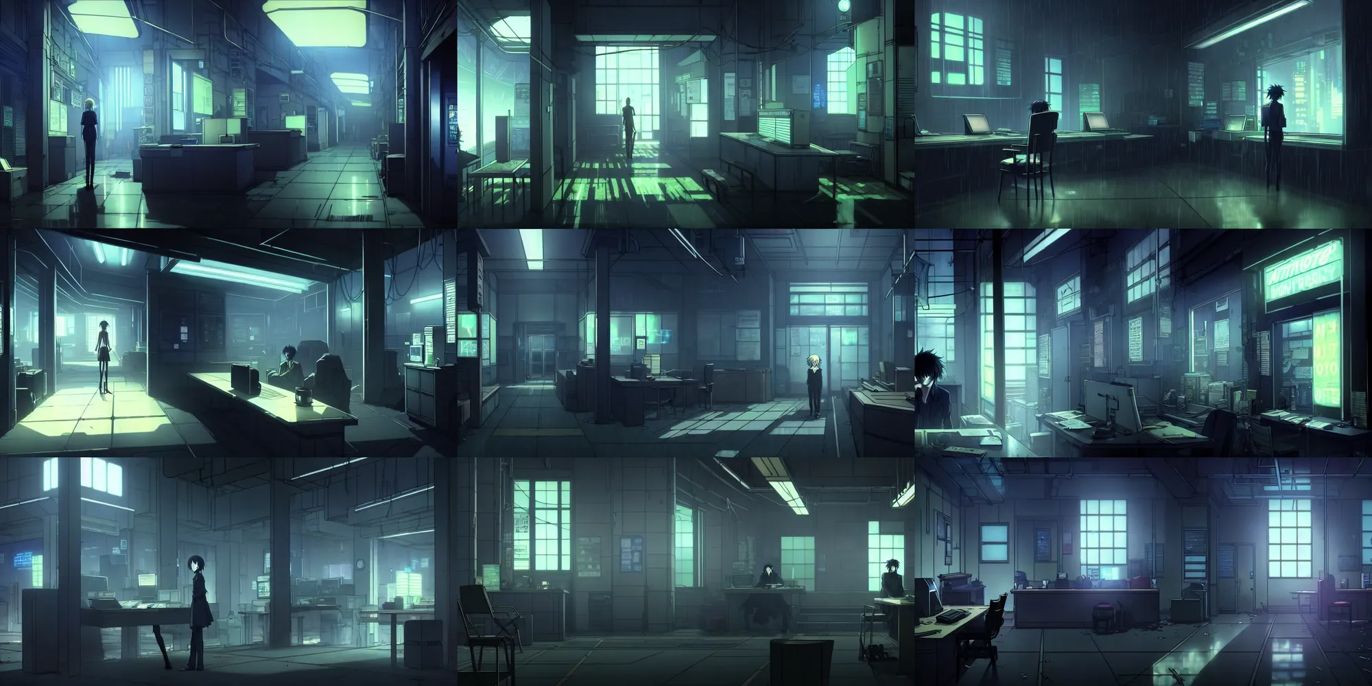 Prompt: atmospheric interior of an after hours closed quiet quiet cyberpunk police office neon lights futuristic detective neon noir, in the anime series death note and ergo proxy, detailed atmospheric and gritty, by makoto shinkai and Shichiro Kobayashi