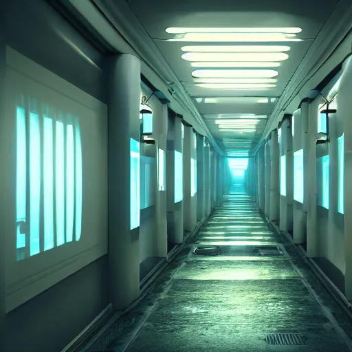 Image similar to a futuristic hallway, digital art, octane renderer, epic composition, hd, 4 k, professional