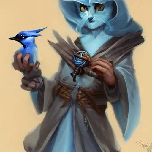 Image similar to wise old blue jay, tiny, small, short, wizard robe, cute and adorable, pretty, beautiful, dnd character art portrait, matte fantasy painting, deviantart artstation, by jason felix by steve argyle by tyler jacobson by peter mohrbacher, cinema