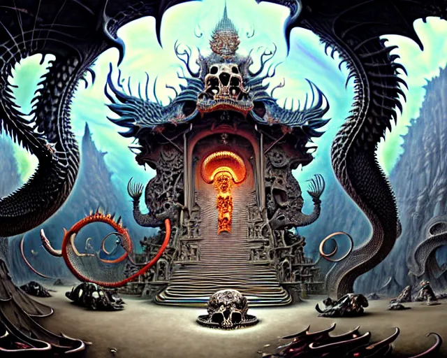 Image similar to street view of a temple made of dragon skulls and bones, fantasy landscape made of fractals facing each other, ultra realistic, wide angle, intricate details, the fifth element artifacts, highly detailed by peter mohrbacher, hajime sorayama, wayne barlowe, boris vallejo, aaron horkey, gaston bussiere, craig mullins