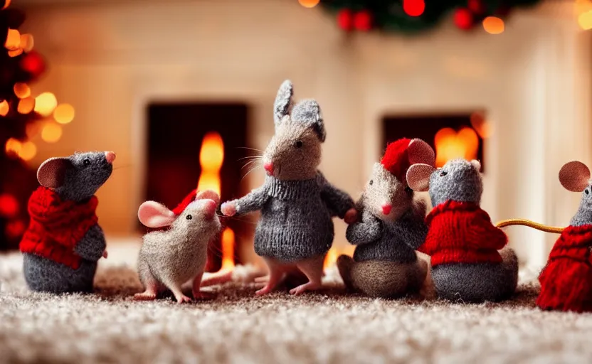 Image similar to a mouse family sitting in front of a cozy christmas fireplace wearing woolen sweater, cinematic lighting, dark atmosphere