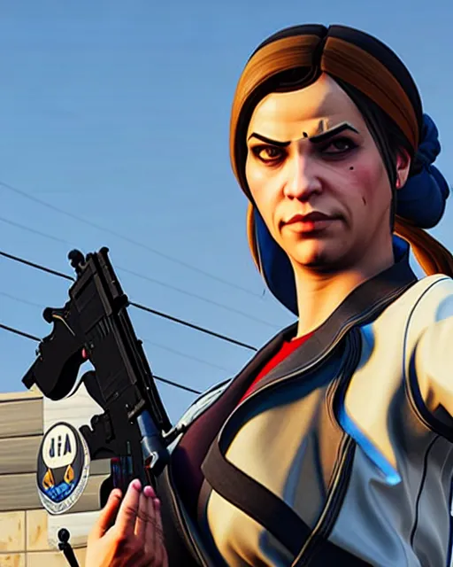 Image similar to gta 5, grand theft auto 5 cover art of ana from overwatch