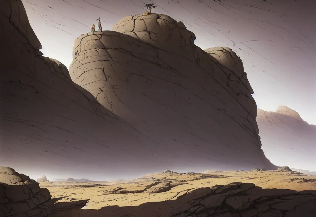 Image similar to The landscape of a gray barren land with dry gray land, enclosed in incredibly endlessly-gigantic smoothed rock walls. The walls are so far apart that they disappear over the horizon. Art by Finnian MacManus, Simon Stalenhag, Arthur Rackham. Masterpiece, fantasy art, cinematic, hyperdetailed, photorealistic, hyperrealism, octane rendering, 8k