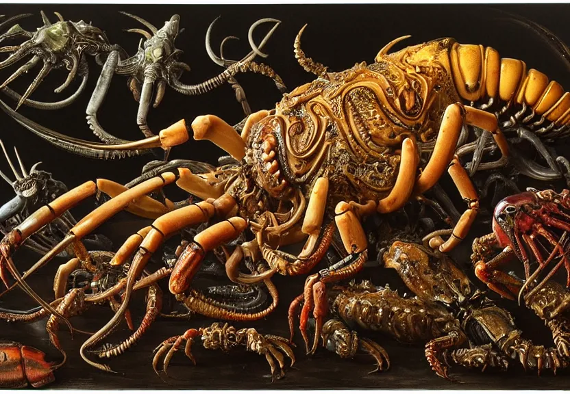 Prompt: an opulent banquet of food covered with colorful horned crabs and horned lobsters and iridescent scarabs. slime is dripping off of everything. giger ’ s xenomorph. the thing. reclaimed lumber, detailed and intricate environment, hyperrealism, food photography, rembrandt