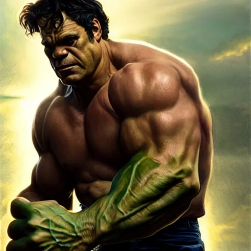 Prompt: mark ruffalo the hulk flexing his muscles, cinematic volumetric lighting f 8 aperture cinematic eastman 5 3 8 4 film photorealistic by greg rutkowski by stanley artgerm by alphonse mucha