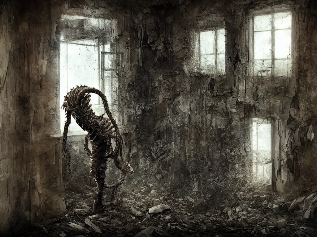 Image similar to mutant hunchback creature lurking in the corner of a room in an abandoned building, color photograph, realistic, dirty windows, debris, tentacle beast, dust, bleak apocalyptic style, creepypasta, ominous vibe, sharp fangs