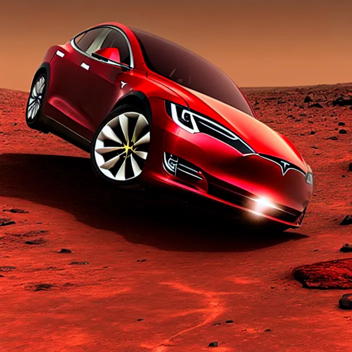 Image similar to photo of a red tesla car crash landing on mars highly detailed, 4 k, hdr, smooth, sharp focus, high resolution, award - winning photo