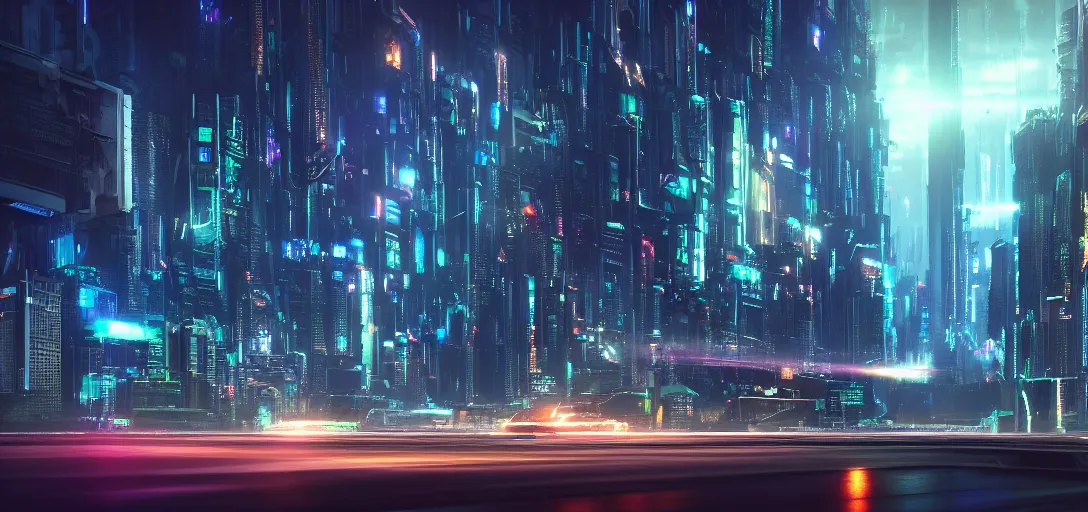 Prompt: view from the edge of a futuristic cyberpunk city at night in rain, refraction, reflection, lens flare, cars flying in the sky distance, symmetry, cinematic lighting, ultra detailed, sharp, ambient occlusion, raytracing, by greg rutowski, paul chadeisson and jessica rossier