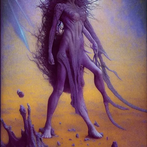 Image similar to cute young vampire tomboy girl with short dark hairs on lovecraftian planet by jean delville by luis royo and wayne barlowe, beksinski