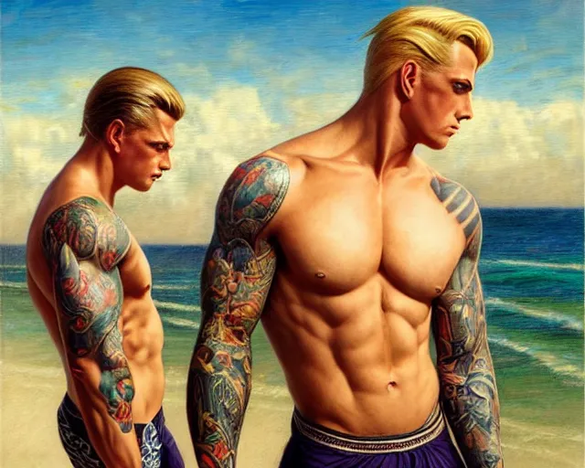 Image similar to handsome tattooed blonde gym bro by the water, synthwave painting by artgerm, gaston bussiere, craig mullins, j. c. leyendecker, tom of finland